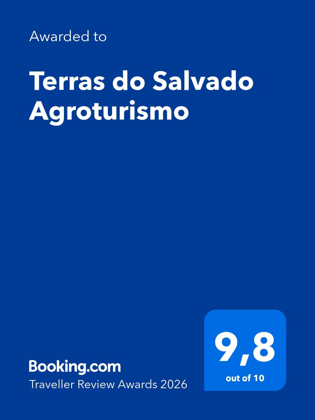 Booking.com Traveller Review Awards 2026 — 9,8 em 10